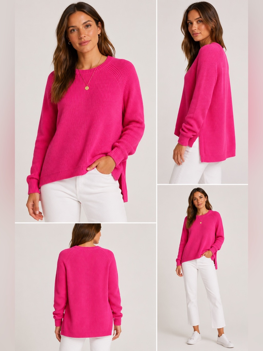 525Women’s Hot Pink 100% Cotton Textured Knit Sweater Size M Hi-Low Hem SideSlit